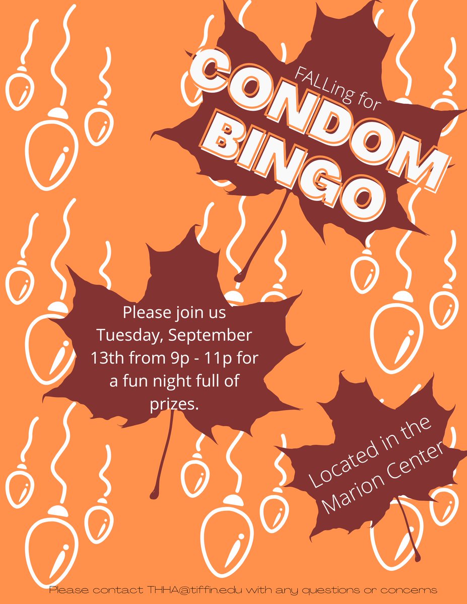 TiffinHallHouse's tweet photo. Condom Bingo is right around the corner. Please join us TOMMOROW at 9pm in the Marion center for a night of great fun and some amazing prizes (and free condoms). We hope to see you there!! https://t.co/p7ppsFHra2