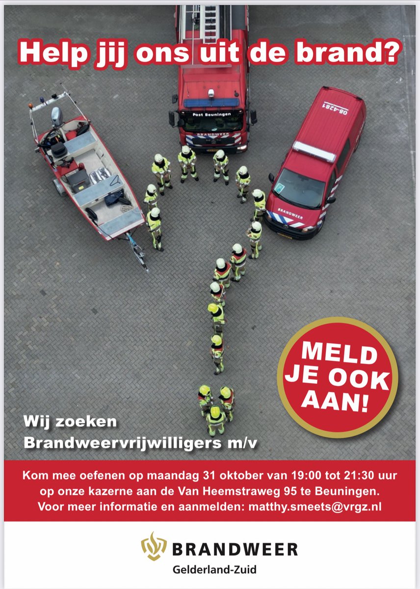 brw_beuningen's tweet photo. 🚨Ben jij snel, sportief, stressbestendig, leergierig, sociaal en kun jij binnen vijf minuten op de kazerne klaarstaan? Dan zijn wij op zoek naar jou! Kom op maandag 31 oktober van 19.00 tot 21.30 uur met ons mee oefenen. Voor meer info en aanmelden: matthy.smeets@vrgz.nl https://t.co/tjTUNq88JI