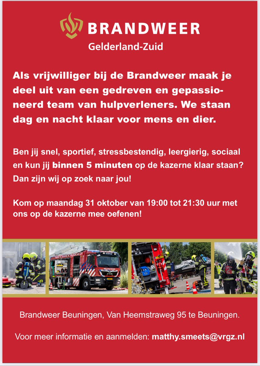 🚨Ben jij snel, sportief, stressbestendig, leergierig, sociaal en kun jij binnen vijf minuten op de kazerne klaarstaan? Dan zijn wij op zoek naar jou! Kom op maandag 31 oktober van 19.00 tot 21.30 uur met ons mee oefenen. Voor meer info en aanmelden: matthy.smeets@vrgz.nl