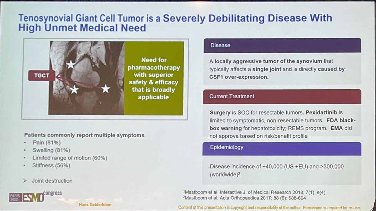 DrLizConnolly's tweet photo. Intra-artic AMB-05X for #TCGT #ESMO22 - proof of concept
Recent flurry of new drugs for TCGT is exciting!
👉@seppobauer await- remission rates, duration of response, infection risk, suitable for all joints
#sarcoma @anzsarcoma @ctosociety @herbloong @RobinL_Jones @DrCeSarcoma https://t.co/pSehnAk1p5