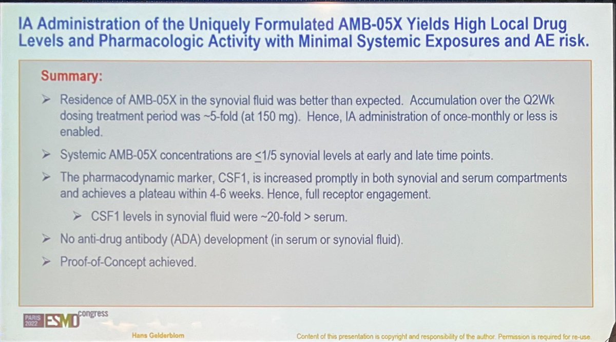 DrLizConnolly's tweet photo. Intra-artic AMB-05X for #TCGT #ESMO22 - proof of concept
Recent flurry of new drugs for TCGT is exciting!
👉@seppobauer await- remission rates, duration of response, infection risk, suitable for all joints
#sarcoma @anzsarcoma @ctosociety @herbloong @RobinL_Jones @DrCeSarcoma https://t.co/pSehnAk1p5