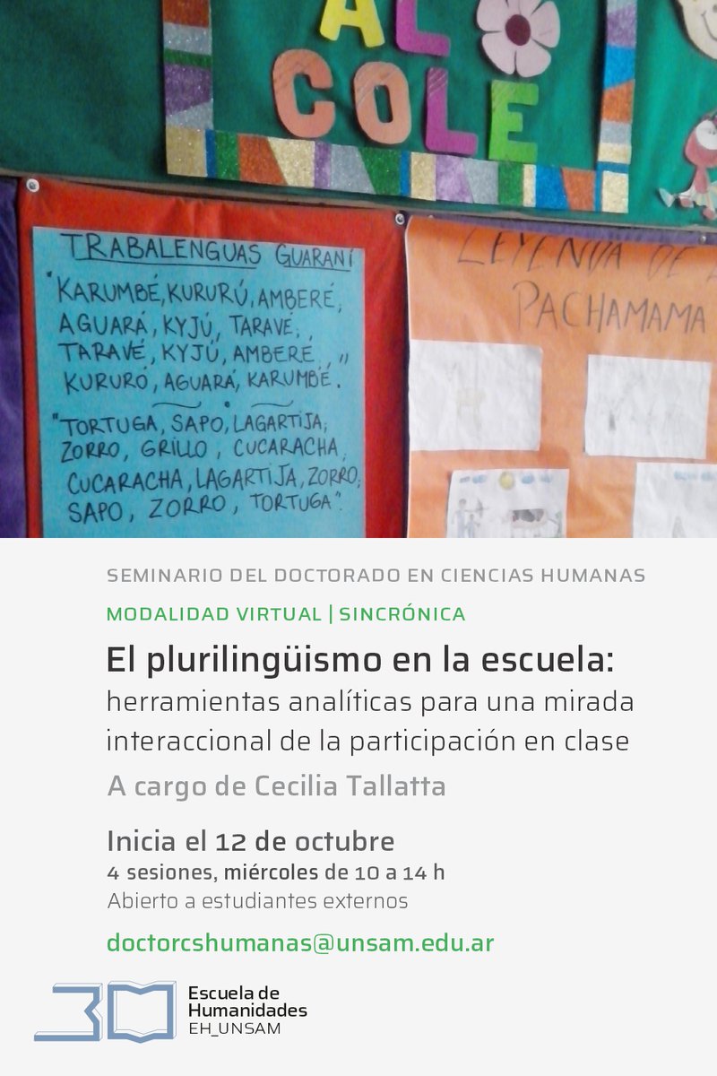 📢Compartimos información sobre el seminario que va a dictar la Dra. Cecilia Tallatta en el Doctorado en Ciencias Humanas de la <a href="/unsamoficial/">Universidad Nacional de San Martín</a>:  “El plurilingüismo en la escuela: herramientas analíticas para una mirada interaccional de la participación en clase”