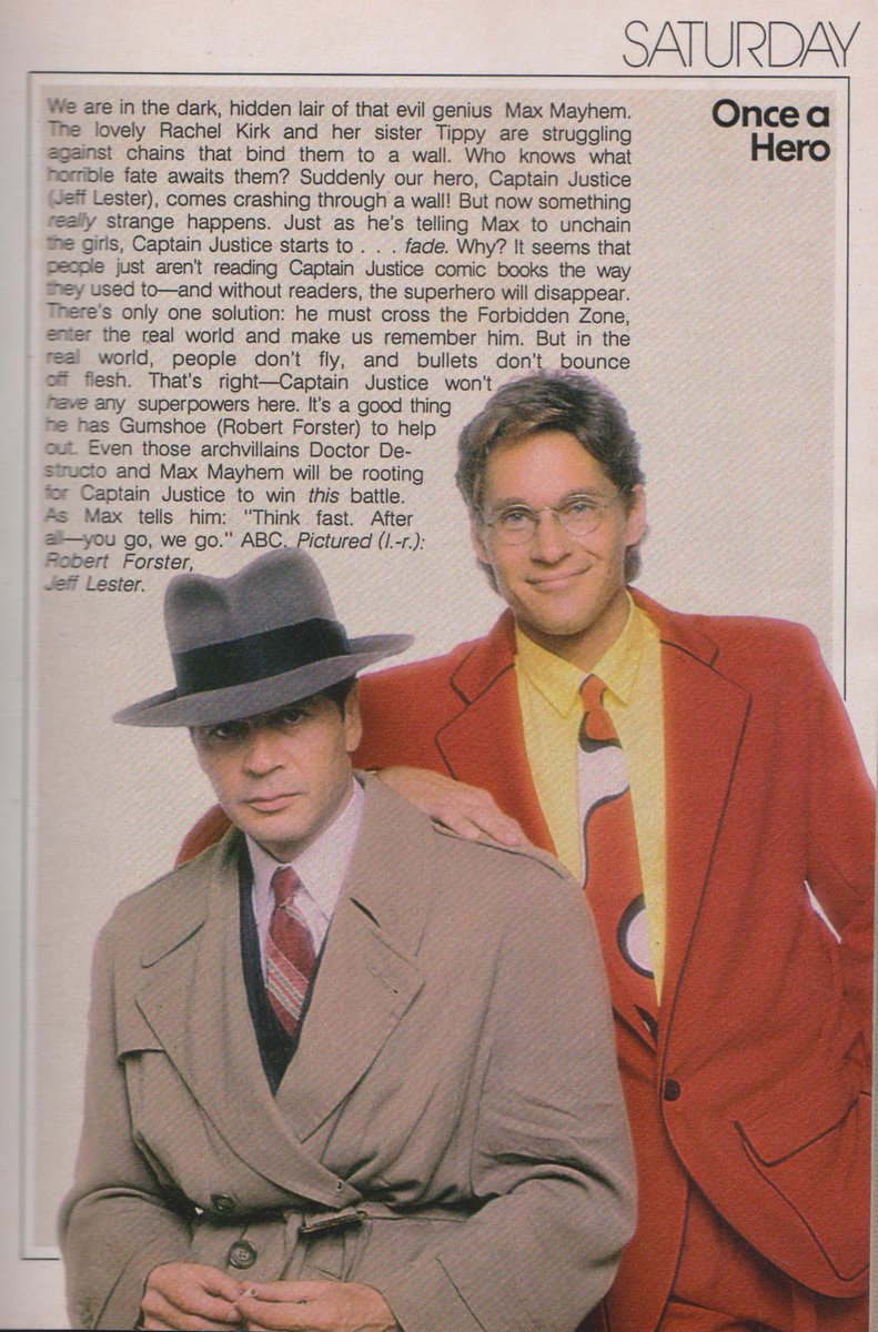 TVGFPI's tweet photo. ONCE A HERO. 1987.
#OnceAHero #JeffLester #RobertForster #CaptainJustice #MaxMayhem #DoctorDestructo #TVGuide https://t.co/XunmNrQdn7