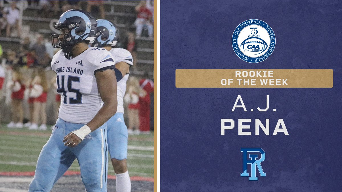 CAAFootball's tweet photo. 🏈 Rookie of the Week

In the first significant action of his career, A.J. Pena recorded six tackles and 3.5 sacks in Rhode Island’s 35-21 victory at Bryant

📰 https://t.co/K4juvbNk4j https://t.co/BatsChqmvM