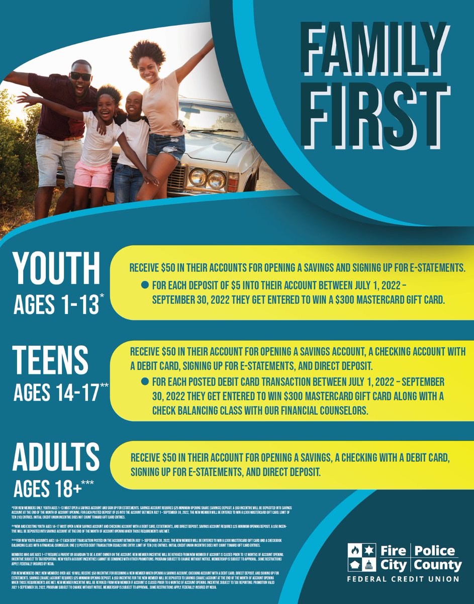 FPCCFCU's tweet photo. Reap the rewards! Any new member has a chance to receive $50. Plus, any new member ages 1 to 17 could win a $300 gift card! Learn more here: https://t.co/maI47xb6kd https://t.co/TY0CEeVKvU