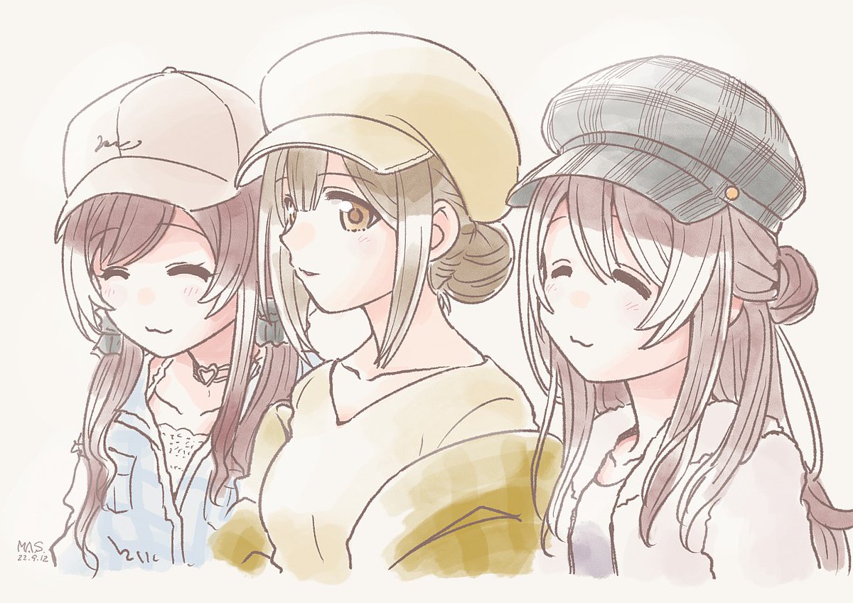 kuwayama chiyuki ,osaki amana ,osaki tenka multiple girls 3girls hat closed eyes hair bun single hair bun brown hair  illustration images