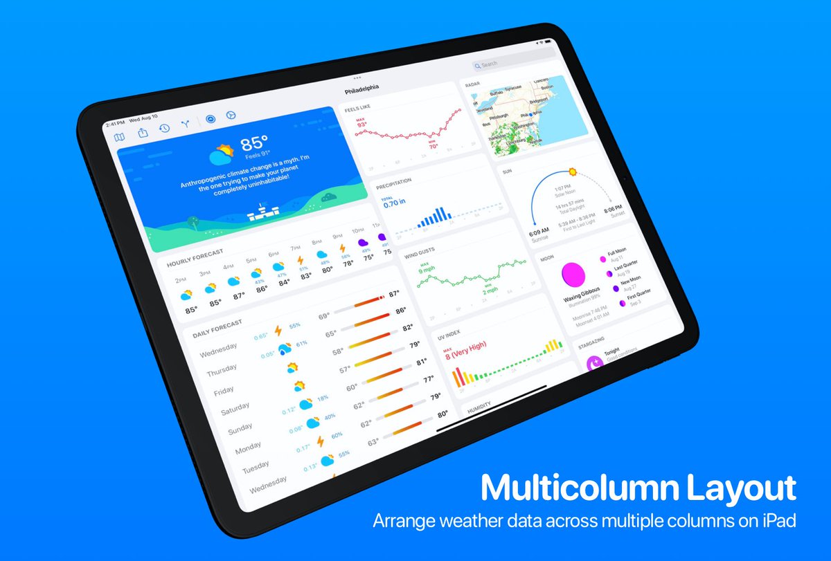 CARROT_app's tweet photo. CARROT Weather 5.8 is here, meatbags! Lock Screen widgets, iPad multicolumn redesign, new sections for your layouts, Apple Weather data source, new secret locations, and more! https://t.co/cfh5hKHfz3 https://t.co/sHGmrqOiqb