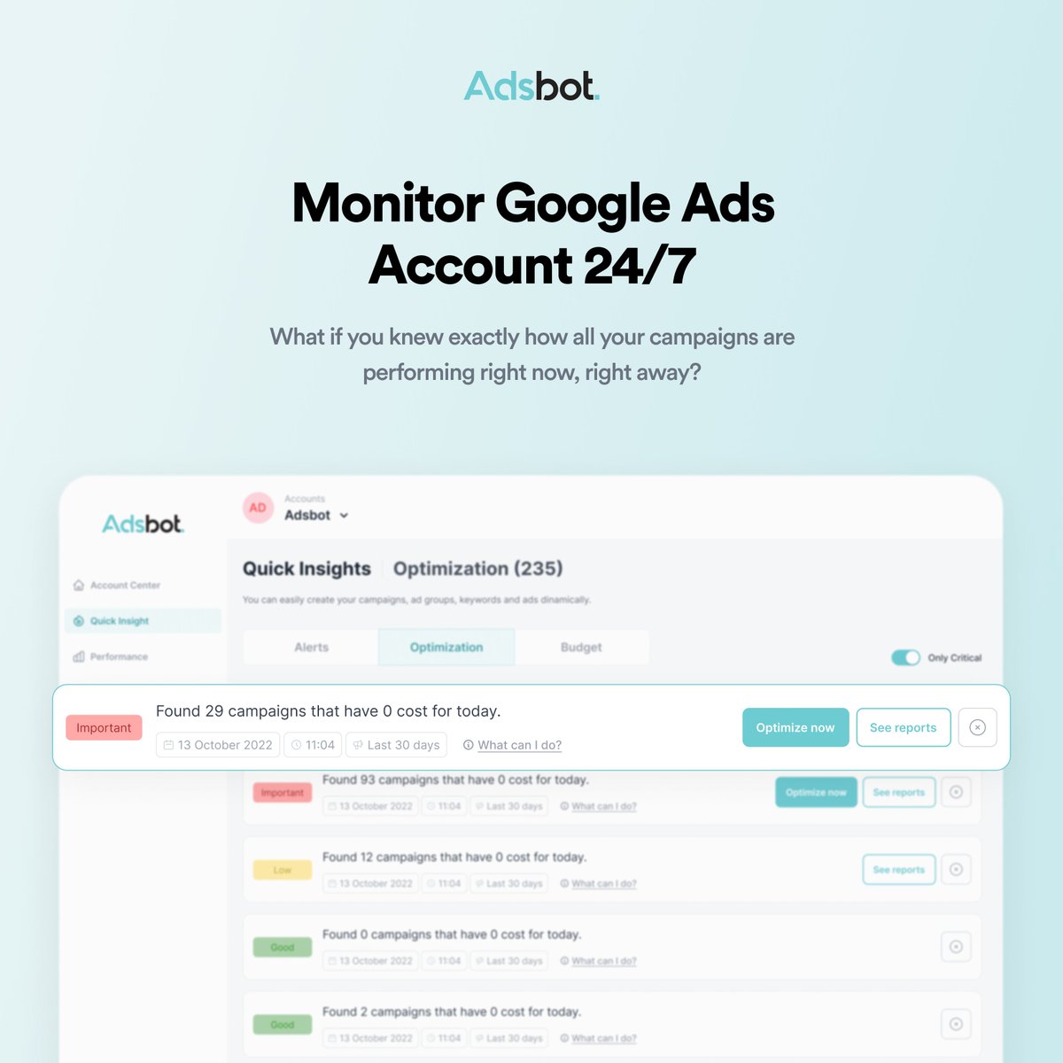 adsbotco's tweet photo. What if you knew exactly how all your campaigns are performing right now, right away?👀
#googleads #googleadsmarketing #adsbot #marketingautomation #marketingagency #marketingsolutions #marketingsoftware #adscampaign #adsmanager #optimization #adstrategy #performancemarketing https://t.co/lQIwPwpbBa