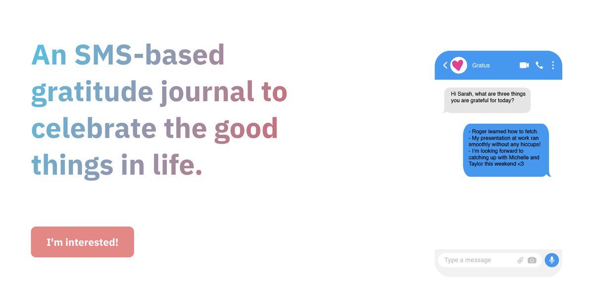 hey_auds's tweet photo. To anyone looking to build a bit more mindfulness and gratitude in their day, would you use an SMS-based gratitude diary? 

This is a concept I'm testing (and maybe building!) as part of @100daysnocode Bootcamp. If you have any thoughts/feedback please reach out! #100daysofnocode https://t.co/eynQpdbKfG
