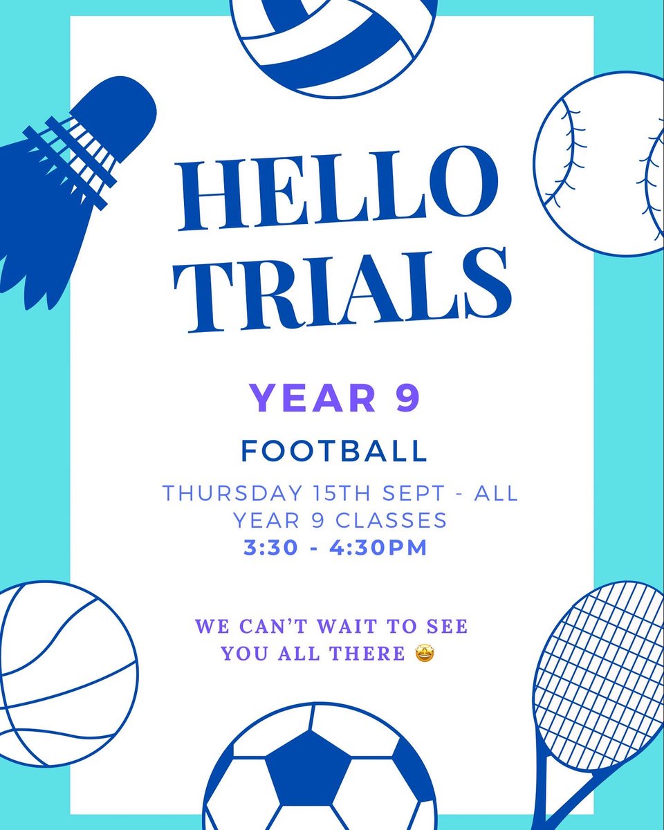 🔔 HELLO SPORTS TRIALS 🔔 

Please carefully read through the following information above! It is all of the TRIAL information for Years 7, 8 + 9 🏐🏑⚽️🤸🏼‍♂️

Year 8 hockey trials will be arranged!!!

We are looking forward to seeing you all there 🙌🏻🤩💙

#Trials #ExtraCurricular