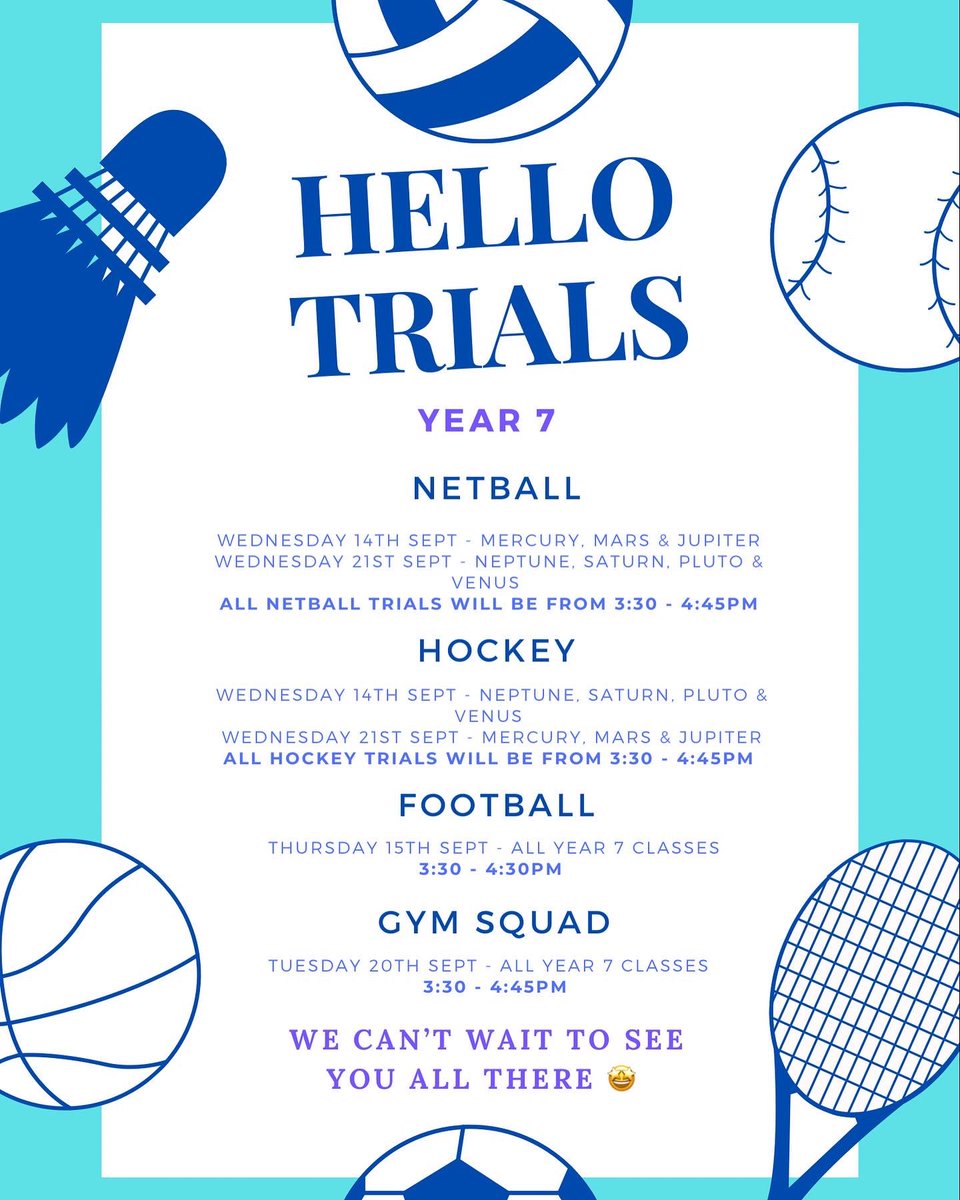 NonsuchHSG_PE's tweet photo. 🔔 HELLO SPORTS TRIALS 🔔 

Please carefully read through the following information above! It is all of the TRIAL information for Years 7, 8 + 9 🏐🏑⚽️🤸🏼‍♂️

Year 8 hockey trials will be arranged!!!

We are looking forward to seeing you all there 🙌🏻🤩💙

#Trials #ExtraCurricular https://t.co/xYr5YHsLNt