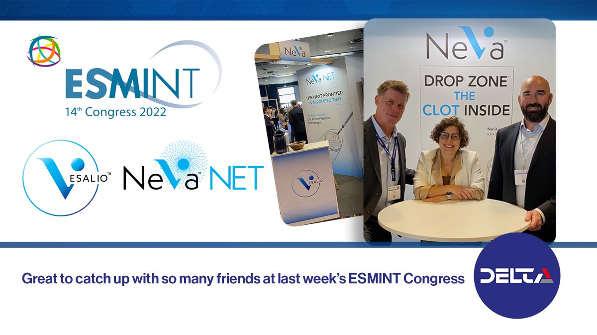 DeltaSurgical's tweet photo. Great #ESMINT2022 last week featuring many fascinating #neurointervention presentations. Also great to catch up with friends who are just as passionate about #thrombectomy innovation re first pass success!
#NeVa #NeVaFirstPass #Stroke #DotheDropZone #Deltasurgica @vesalio_neva https://t.co/e39LF89X0w