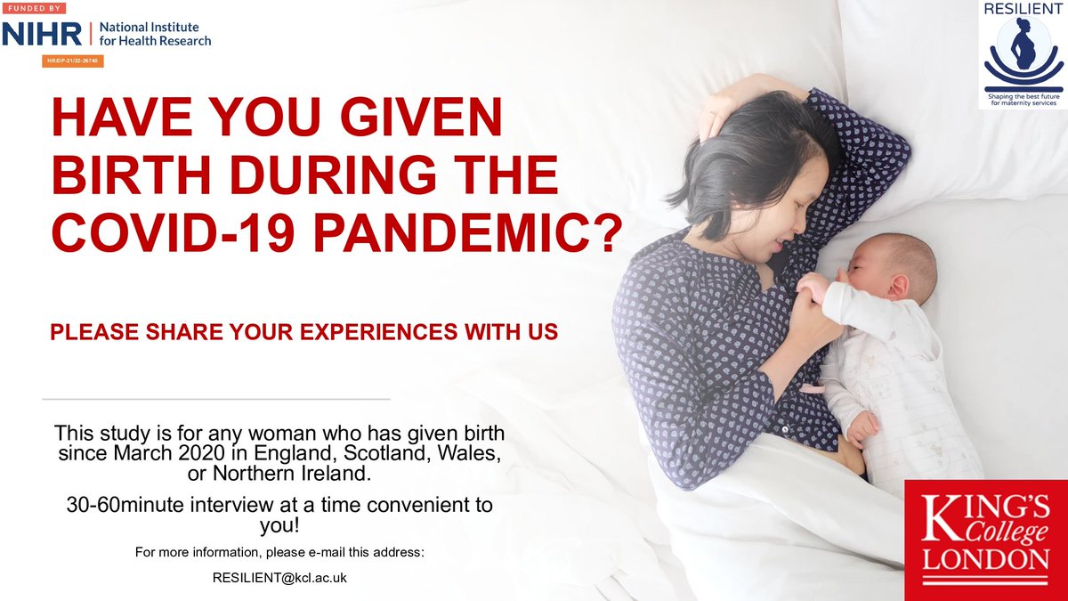 Seeking individuals who have given birth during the #COVID19 #Pandemic to interview for our 
<a href="/RESILIENT_KCL/">RESILIENT</a>
 #Research on post-pandemic planning of maternity services. 

E-mail: RESILIENT@kcl.ac.uk  #HCP #Maternity #BuildBackBetter #BuildBackFairer #Resilient
