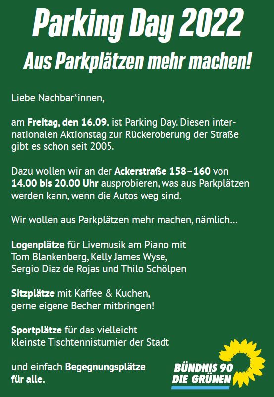 Piano in der Parklücke? 
Kaffee + Kuchen statt Karossen? 
Auch wir in #Flingern machen mit beim Internationalen #ParkingDay am nächsten Freitag – und laden alle Interessierten ein vorbeizuschauen. Das Piano gibt's aber nur bei trockenem Wetter. Kommt gerne vorbei. #Verkehrswende