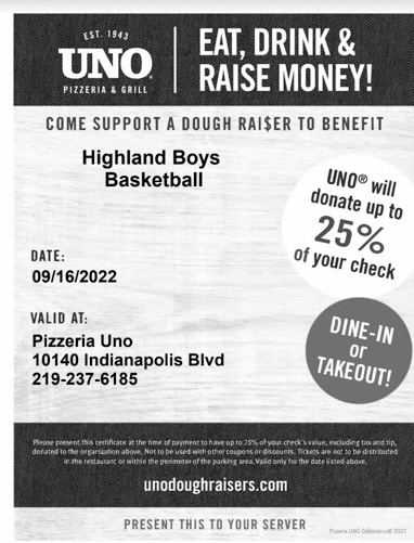 HHSTrojansBBall's tweet photo. We have partnered with Pizzeria Uno In Highland this Friday, September 16th, for a 1 day fundraiser. Carryout or dine-in at Pizzeria Uno in Highland, 10140 Indianapolis Blvd. Show them this flyer and they will donate 25% back to the boys basketball program!  #TrojanPride https://t.co/7g9TCi3vI7