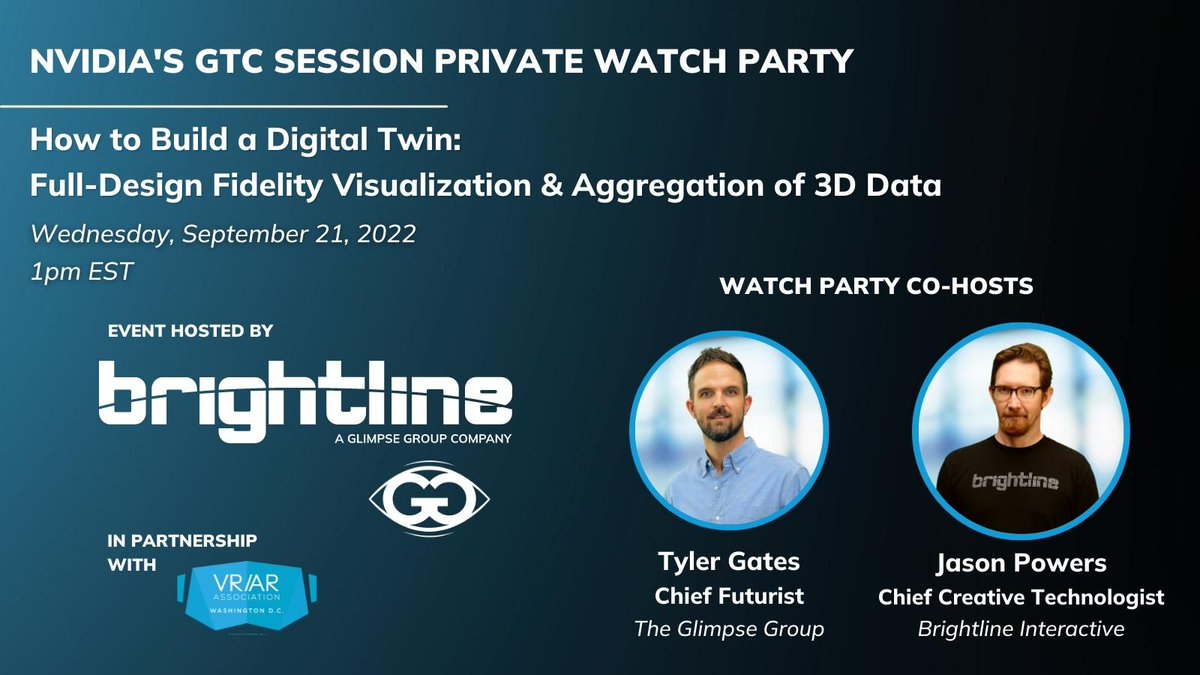 Register early to secure your spot for both #nvidia GTC and the Watch Party on 9/21 at 1pm EST! Step 1: Register for GTC: bit.ly/registergtc Step 2: Register for the Virtual Watch Party: bit.ly/nvidia_brightl… @GlimpseGroup @VRARA_DC @tylerhgates @mrmanic #digitaltwin
