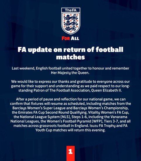 DPL_official's tweet photo. FA - UPDATE
After football came together last weekend to honour and remember Her Majesty The Queen, we have provided an update on the return of football matches. https://t.co/DbNOlbL1sh