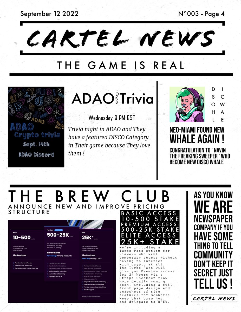 Discoinsider's tweet photo. #cartelnews Issue 3 : 12/9/22

Upcoming project 

Disco Solaris x Vampire Invasion burn drop by @bajuzki

 Neo Night by @OfficialNID0
 
Crypto Trivia by @ADAOcommunity
 
@brewclub_io for new and improved pricing structure! 
 
#discosolaris #CNFT
 
(Repost : Edit Wrong Word 🤪) https://t.co/oCERY4WEVf