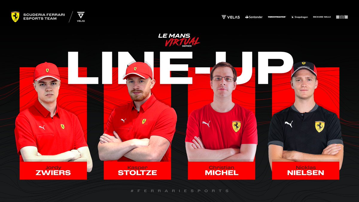 FerrariEsports's tweet photo. .@LeMansVirtual Series, HERE WE GO! 
Discover our line-up now 
@jordy_zw @KasperStoltze @nr_christianm @_Nicklasnielsen 

#FerrariEsports #LeMansVirtual #FerrariRaces https://t.co/LsX5plh153