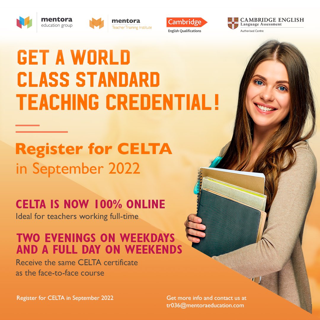 mentoraofficial's tweet photo. CELTA online 18 Eylül’de başlıyor! Başvurmak için son birkaç gün!
Mentora Teacher Training ile CELTA kursunu tamamen online olarak tamamlayabilirsiniz.
Daha fazla bilgi almak ve kayıt olmak için tr036@mentoraeducation.com adresinden iletişime geçin!

#TeacherTraining #CELTACourse https://t.co/FmWczKPSwp