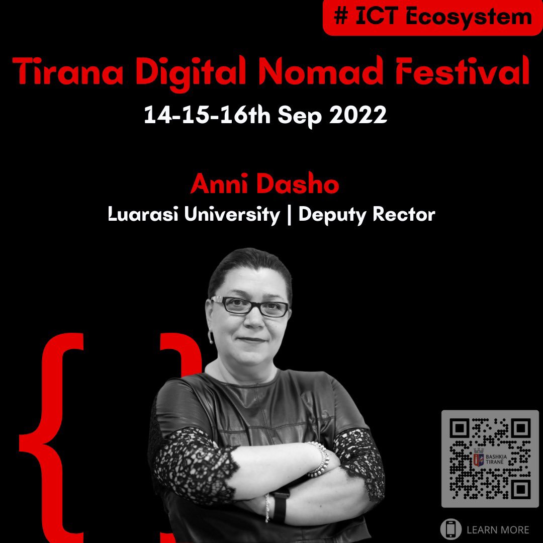 digitalnomads22's tweet photo. We are happy to have Prof.Assoc. Dr Anni Dasho Sharko as our speaker at Tirana Digital Nomad Festival!
@digitalnomads22 
@mkocollari 
@erionveliaj 
@Anuela https://t.co/Efuy8AvSmn