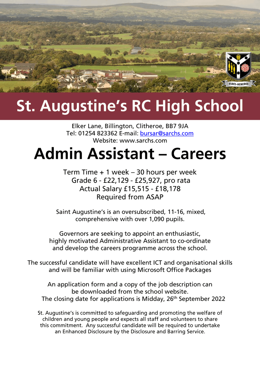 SARCHSofficial's tweet photo. ❗️Vacancy❗️
Governors are seeking to appoint an enthusiastic, highly motivated
Administration Assistant (Careers) to join our thriving Catholic school community. 
More details: https://t.co/LGObYmn08e
Closing date - Midday, 26th September 2022 https://t.co/Ei1QPEAl5U