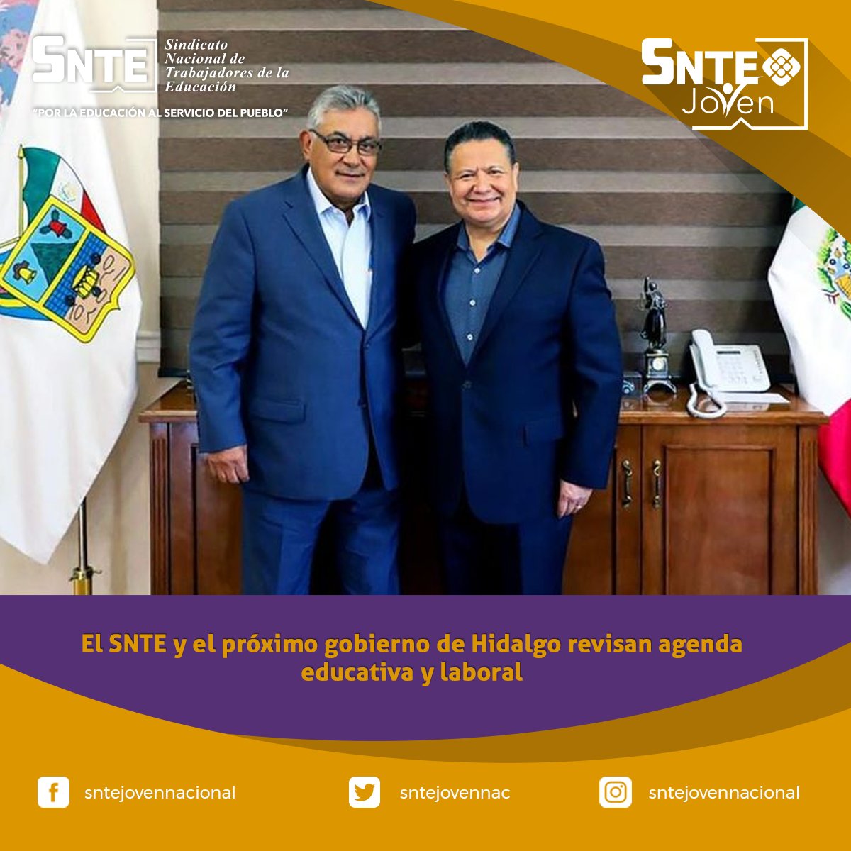 sntejovennac's tweet photo. #SNTEconMéxico 👩‍🏫🇲🇽👨‍🏫

🔴 Acuerdan Mtro. Alfonso Cepeda Salas #SNTE 📚 y el gobernador electo de #Hidalgo @juliomenchaca_ ✔️ acciones para que todos los alumnos vuelvan a clases, así como atender requerimientos de los trabajadores de la educación hidalguenses 🙋‍♀️🙋‍♂️ https://t.co/PPQL13Y5gz