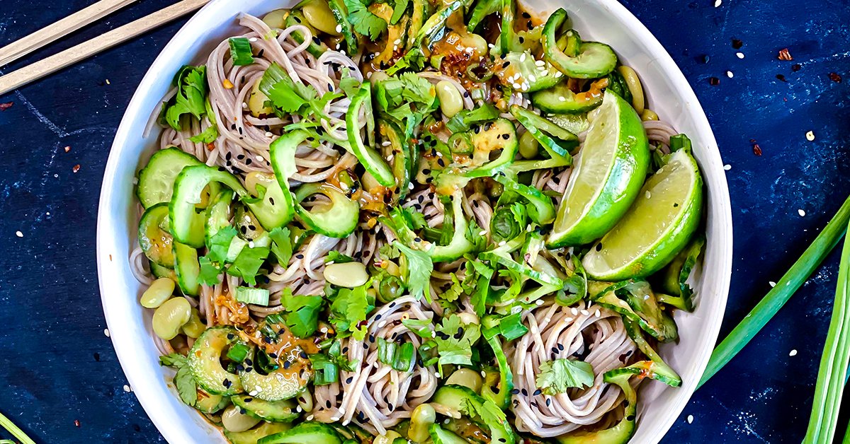 PureFlavor's tweet photo. Looking for a new, veggie-packed #salad the whole f#amily will love? Try this vibrant Cucumber &amp; Soba Noodle Salad with spiralized #MiniCucumbers in a sesame ginger tahini dressing.

Celebrate National Family Meals Month™ with family-friendly recipes: https://t.co/5X4NwSVUJG https://t.co/fZbfkPMYq2