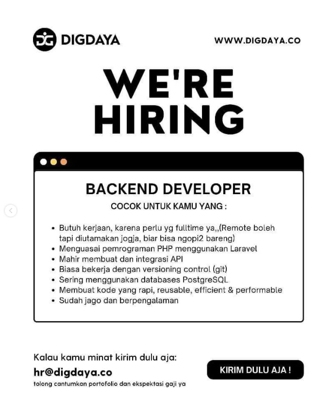lokerit_01's tweet photo. Silahkan kirim saja ke email hr@digdaya.co dengan subject {posisi yang dilamar}
*Tolong cantumkan portofolio dan ekspektasi gaji ya :)
#lokerit #lokerprogrammer #lokerfrontend #lokerbackend #lokerdeveloper https://t.co/5CIRJzMeXY