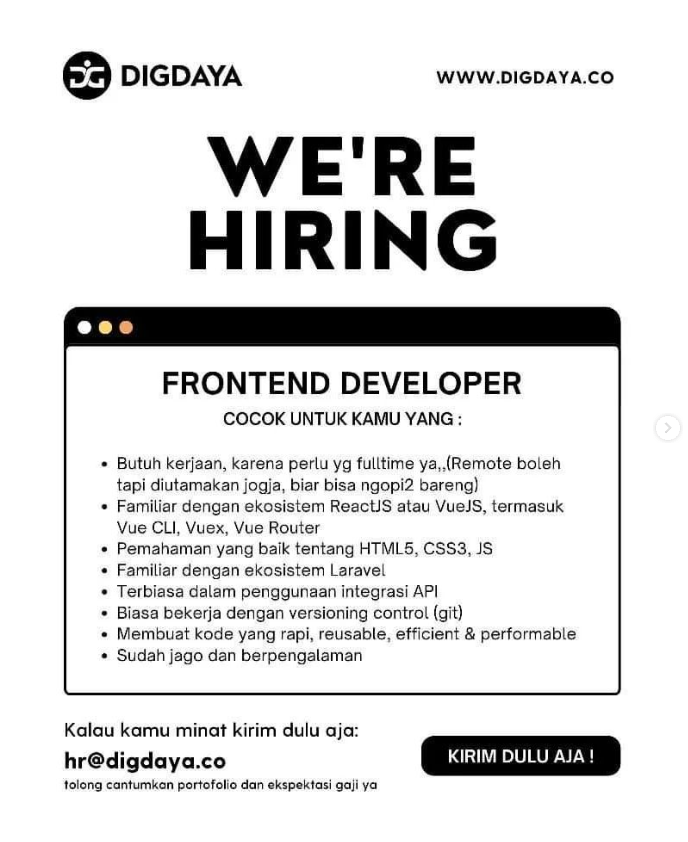 lokerit_01's tweet photo. Silahkan kirim saja ke email hr@digdaya.co dengan subject {posisi yang dilamar}
*Tolong cantumkan portofolio dan ekspektasi gaji ya :)
#lokerit #lokerprogrammer #lokerfrontend #lokerbackend #lokerdeveloper https://t.co/5CIRJzMeXY
