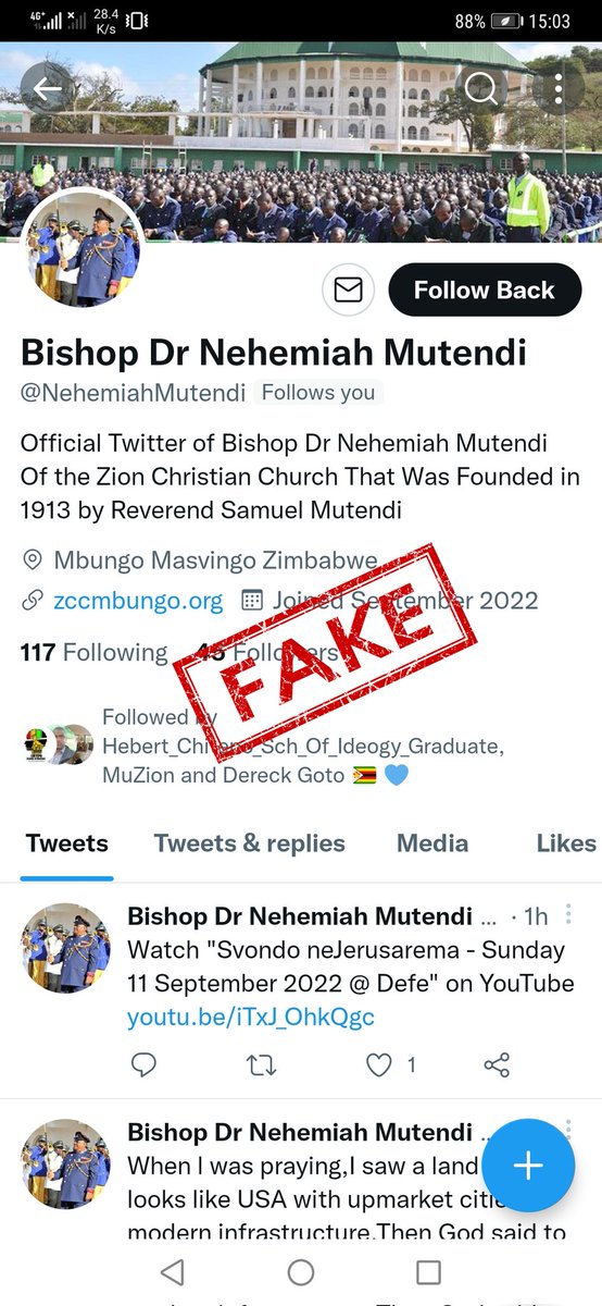 ZCC_Mbungo's tweet image. Some unidentified individual has created a FAKE 📵 account under the name of Bishop Nehemiah Mutendi of Zion Christian Church.

Please note that Bishop Mutendi is not on Twitter. Do not follow or like whatever this FAKE 📵 account posts❗

Thank You.
Zion Christian Church (ZCC)