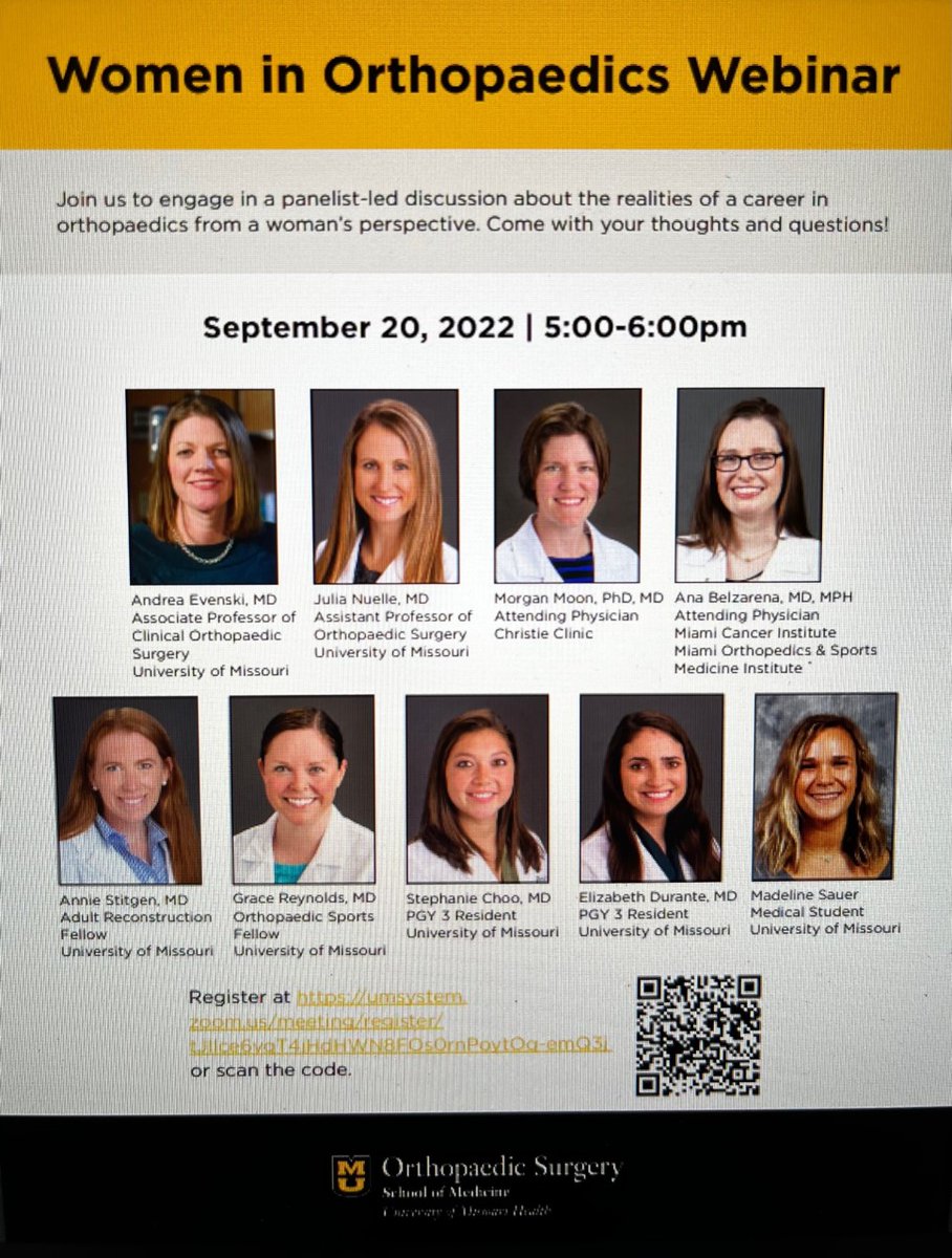 Some of our excellent faculty &amp; current and former fellows &amp; residents will be hosting a Women in Orthopaedics webinar Sept. 20th from 5-6 pm. It will be terrific. See registration info below:
<a href="/NuelleHandMD/">Julia Nuelle, MD</a> @MUOrthopaedic