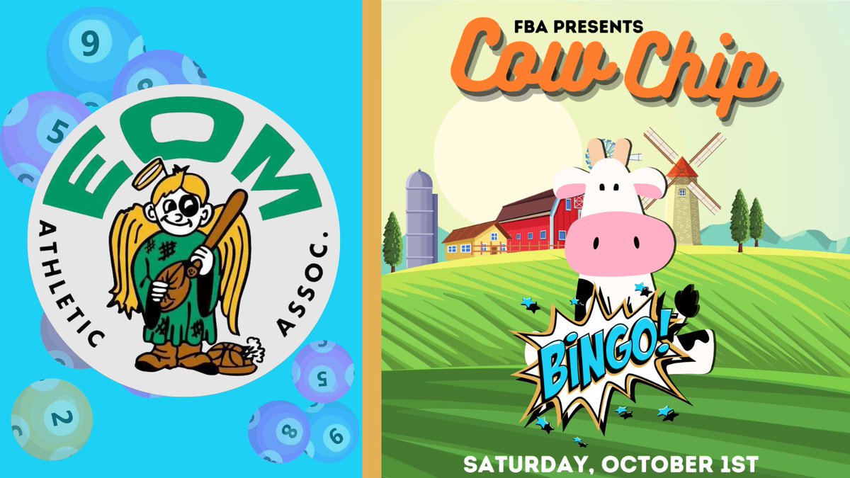 Join us October 1st at EOM Athletic Association for the family-friendly Cow Chip Bingo! 
Enjoy games, prizes, music, and outdoor fun with the Fancy Brigade Association!
