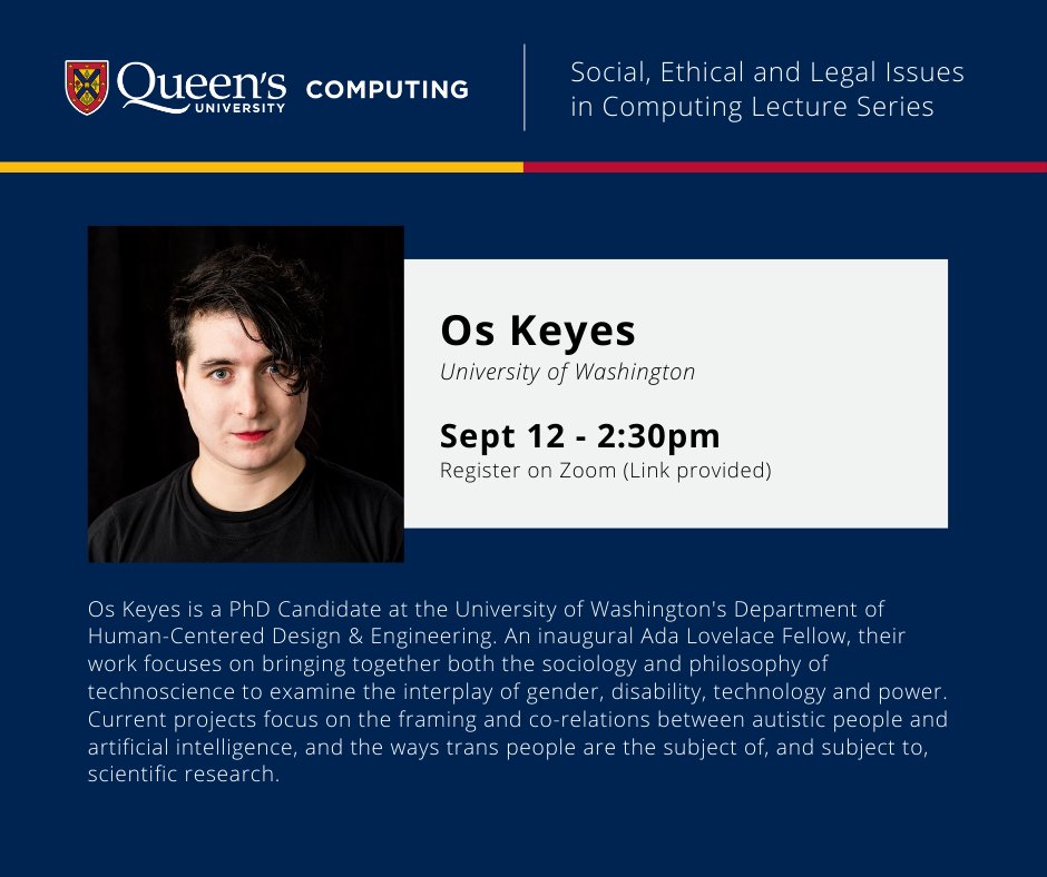 nerd_sighted's tweet photo. Giddy with anticipation that Os Keyes is kicking off the Social, Ethical and Legal Issues in Computing Lecture Series at Queen’s University today at 2:30 EDT. Register here https://t.co/SkszLYmu4G https://t.co/hBo5iyJ0dI