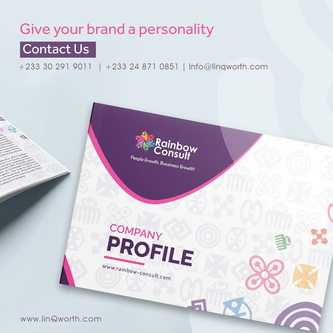 linqworth's tweet photo. Design is the silent ambassador of your brand. We help your business to beautiful curate your message and visuals from logo, company profile, etc.
Company profile designed for rainbow consult 
📩 info@linqworth.com
☎️+233 24 871 0851
#brandidentity #earthquake #QueenRadio #iOS16 https://t.co/23gHzzJd5k