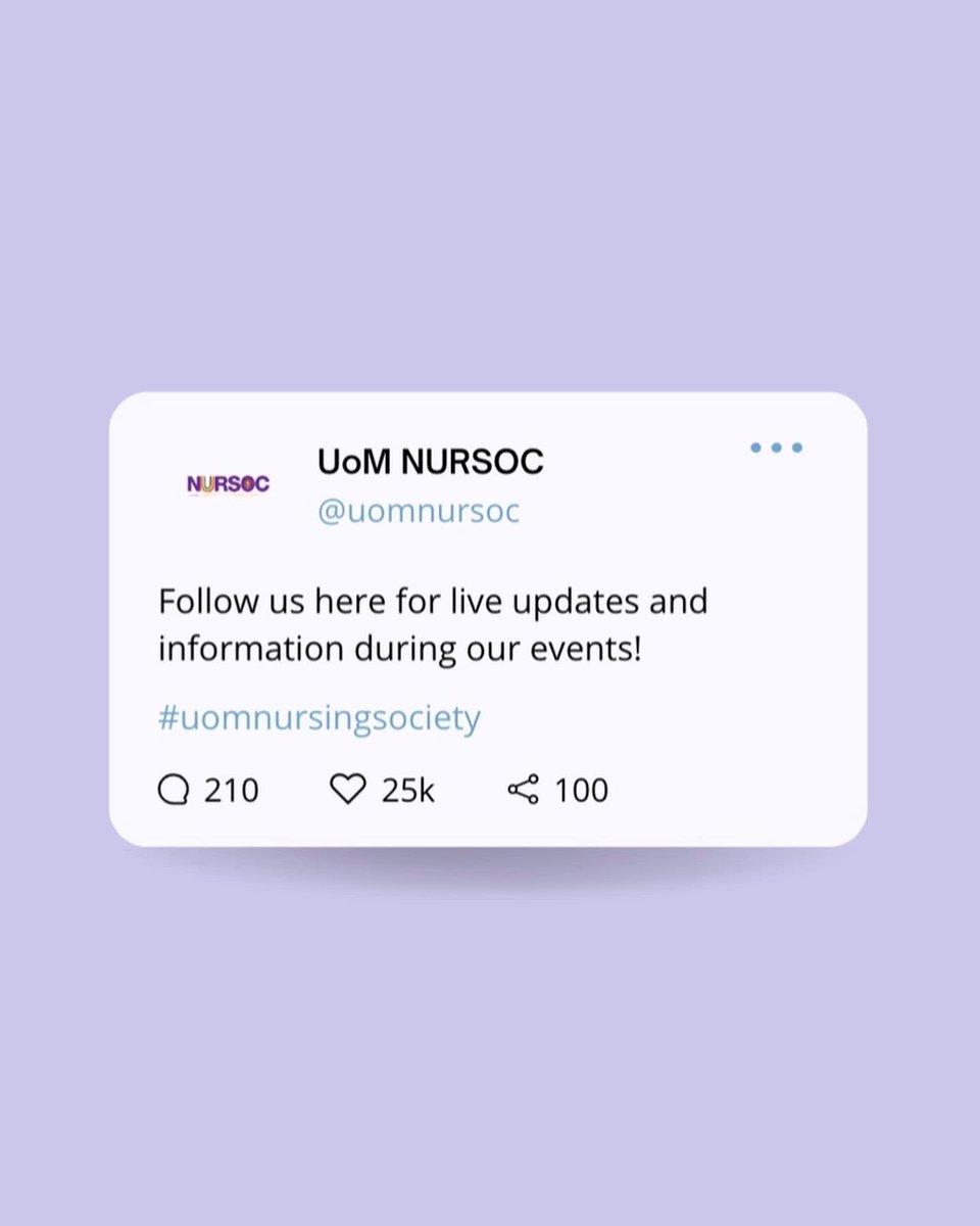uomnursoc's tweet photo. A lot of our announcement and events are shared through our social media platforms! 

Facebook: UoM NURSOC 22/23
Twitter: @uomnursoc
Instagram: @uomnursingsociety

Make sure you’re following so you’re not missing out 💜 https://t.co/shWdIw1NyB