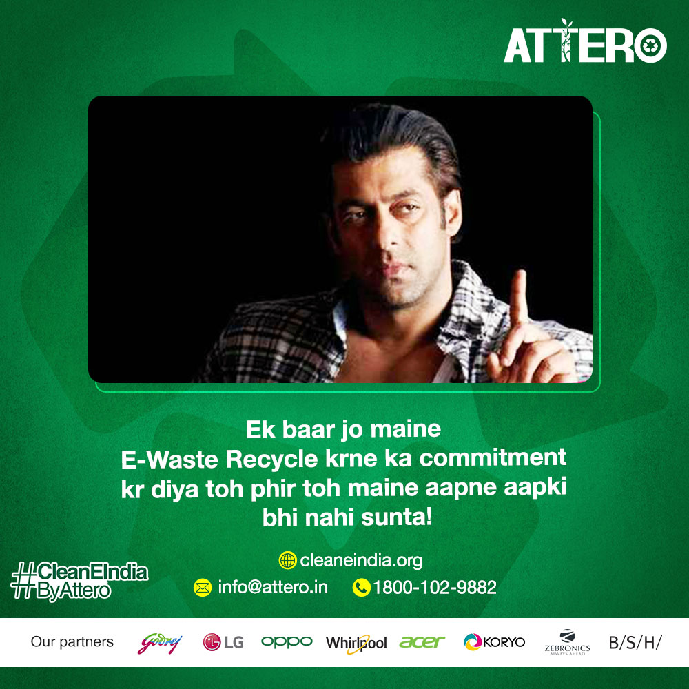 AtteroIndia's tweet photo. Let's all commit to recycle E-waste to help the environment! 

Call us for a free doorstep pickup: 1800-102-9882

#Attero #AtterIndia #AtteroRecycling #Memes #HumorLed #SalmanKhan #Commitement #famousdialogue #Wanted #Ewaste #Recycling #Environment https://t.co/Wj5G1Erk7b