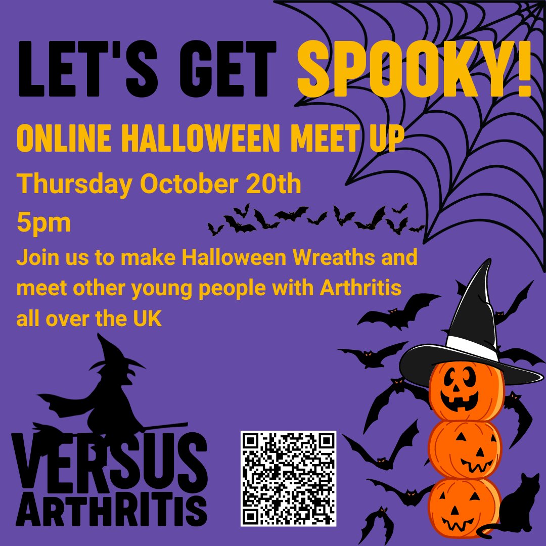 YoungArthritisW's tweet photo. Join us online on Thursday October 20th at 5pm for a Halloween themed meet up. Together we’ll make some Wicked Wreaths.
We’ll send out everything you need to take part in the post, so you’ll need to sign up by Thursday 13th so we can send you some scary. https://t.co/AShMlVsIZn https://t.co/9YAbQNsT0P