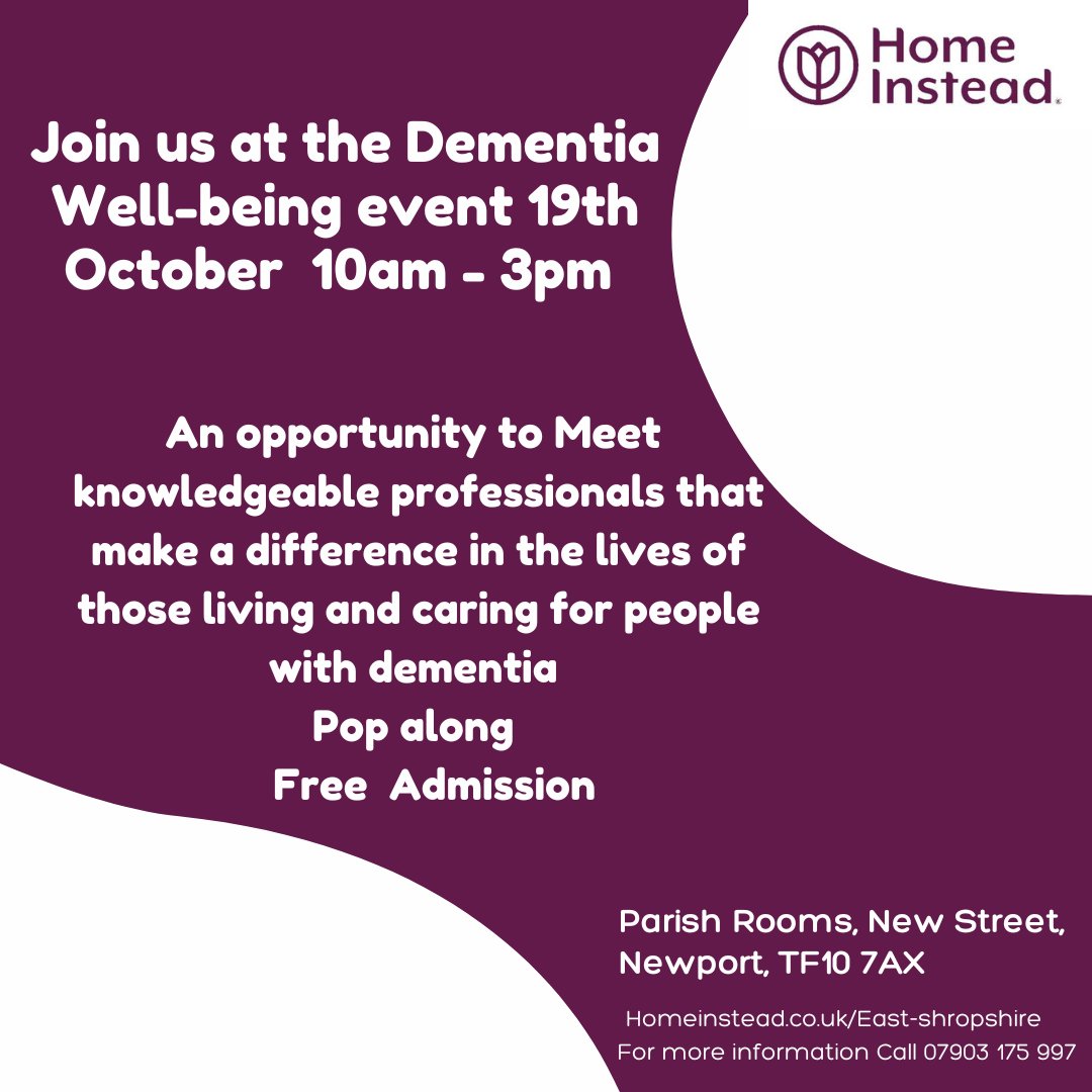 HomeInsteadTF's tweet photo. Dementia Wellbeing Event 19th October 2022 10am - 3PM 
Living or caring with someone with Dementia? This event is for you! Come and meet service providers from across Shropshire. Free Entry no need to book!  - https://t.co/Ti5T93hJqu https://t.co/R5pMEyxzq0