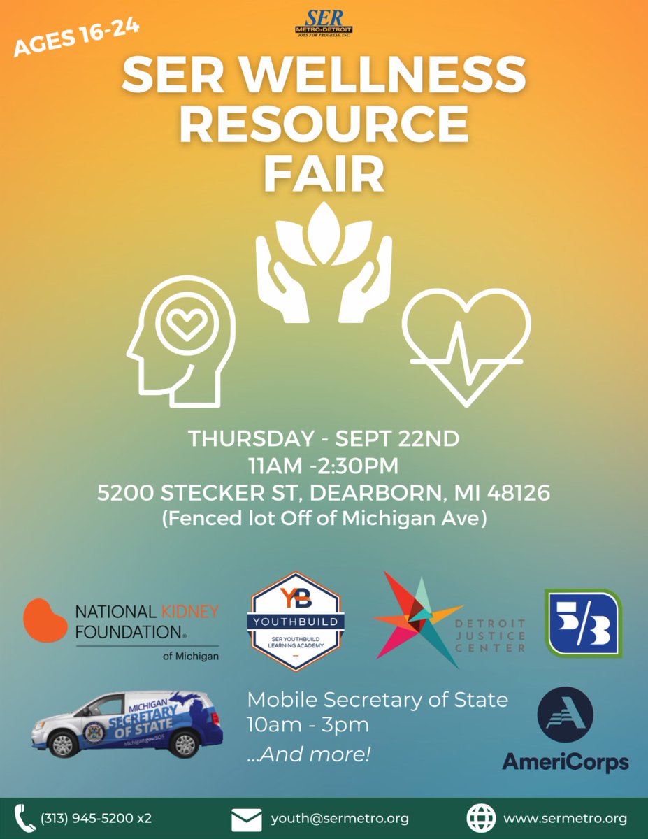sermetro's tweet photo. We are providing resources this month for #wellness to #detroityouth.

Join us for our Wellness Resource Fair!
Open to Public #FREE
Thurs Sept 22nd
11am - 2:30pm

We will have @justcitydetroit @nkf @MichSoS and more!

#health #detroit #youth #youthbuild #skillman https://t.co/8c6ODj9MJc