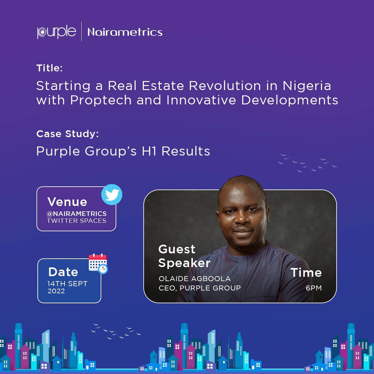 purplegroup_ng's tweet photo. Tune in to the @Nairametrics #twitterspace with where we will be discussing “starting a real estate revolution with #purpleproptech and innovative developments”, using our 2022 H1 Financial Result as a case study

#purple #nairametrics #twitterspace #realestate #letsgofurther https://t.co/oBUCvHrpWY