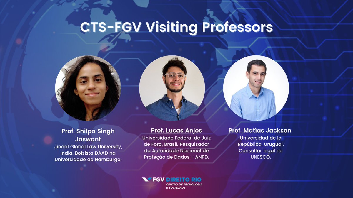 CTS_FGV's tweet photo. Professora Shilpa Jaswant, Professor Lucas Anjos (@eu_lucasanjos) e Professor Matías Jackson. (@mjacksonuy) #DataPrivacy #DigitalGovernance #CyberSecurity #ANPD #LGPD #InternationalLaw #DigitalLaw #InformationSystems #DigitalRights #TelecomsRegulation #InternationalRelations https://t.co/V4jU1oa6Rh