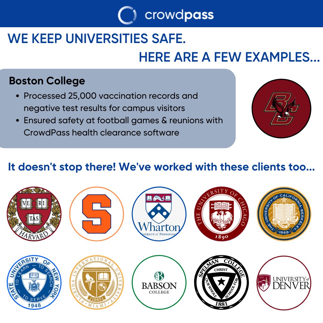 CrowdPassEvents's tweet photo. Our leading health-clearance technology is perfect for universities. We have kept thousands of students &amp; faculty safe already. Reach out to find out what CrowdPass can do for your school! 

#healthclearence #COVID-19 #college #healthclearencesoftware #eventmanagement https://t.co/e2bmr5iGP9