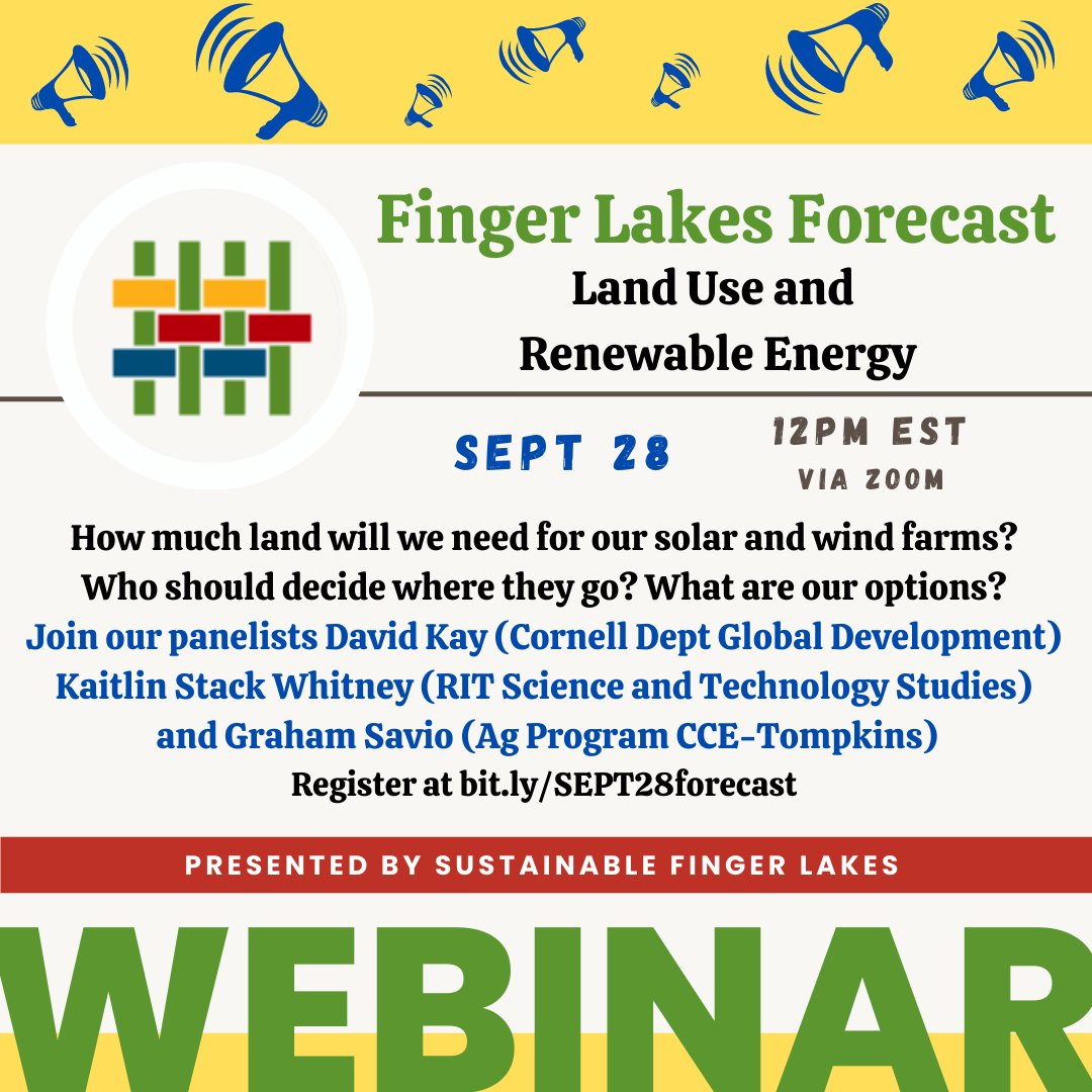 We are starting back up for the Fall run of our Finger Lakes Forecast webinars! We chose this topic because the public should be a lot more informed about our options for placing our solar and wind farms - both to resist misinformation and to lobby for the best public policy.
