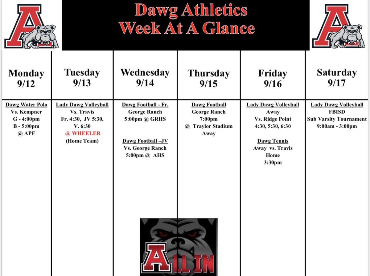 Get out and Support your Dawgs this week! Head over to the APF tonight to catch Water Polo 🤽🏽‍♀️🤽🏻‍♂️ Black out Wheeler tomorrow for volleyball 🏐 Head over to Traylor Thursday for some 🏈 and get back here Friday for 🎾 #ALLIN @FBISDAthletics @SFAHS_Bulldogs