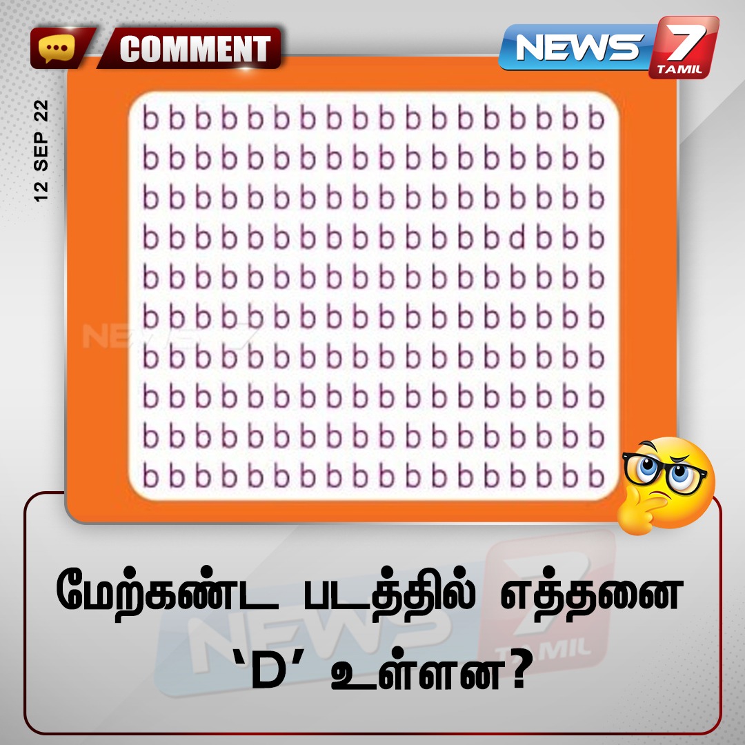 மேற்கண்ட படத்தில் எத்தனை ‘D’ உள்ளன?

#puzzle | #puzzletime | #Commenwithnews7tamil | #news7tamil