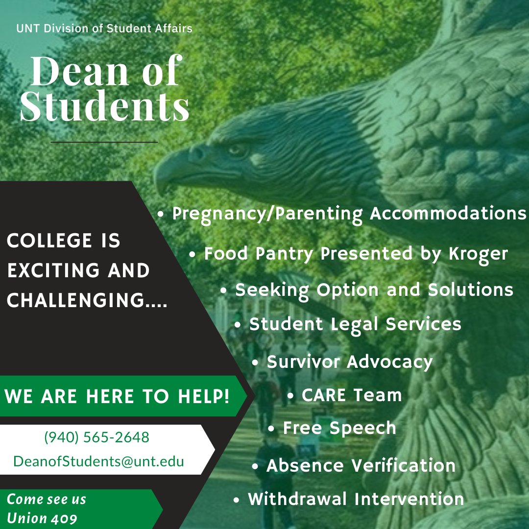 UNTDOS's tweet image. Whether it is personal, emotional, or academic, The Dean of Students Office is here to support you!