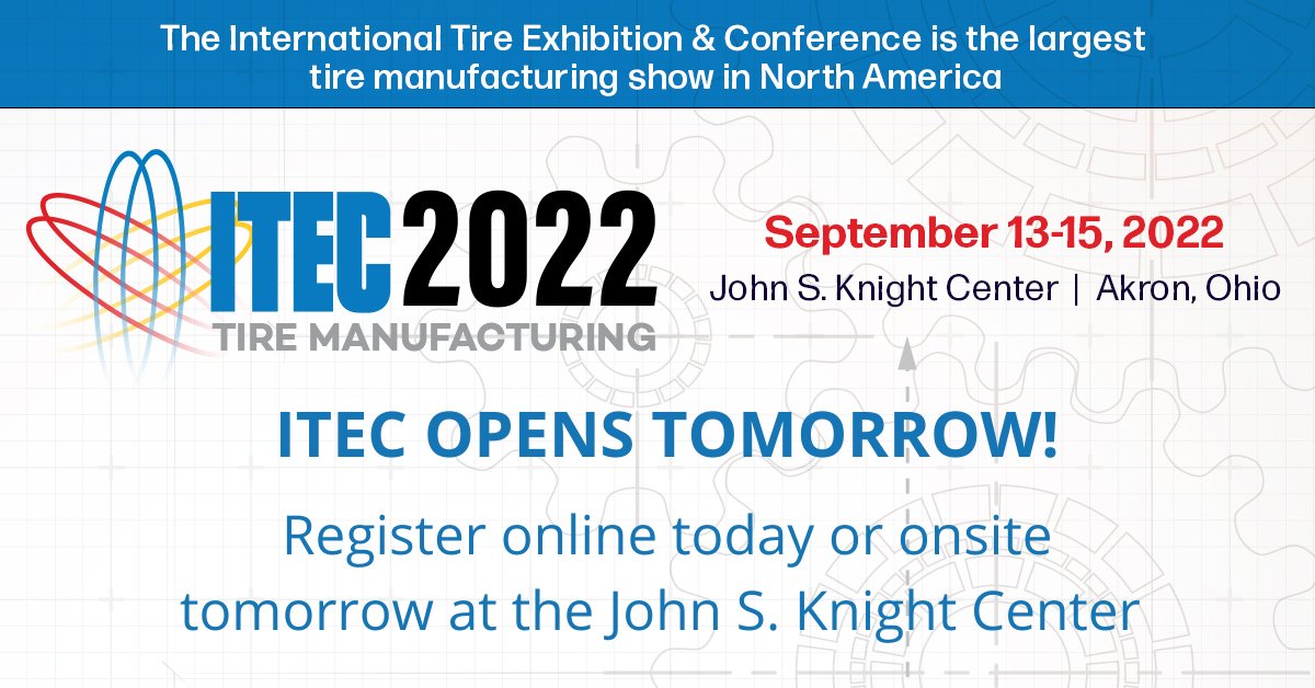 RubberNews's tweet photo. #ITEC2022 opens tomorrow at the JSK Center in Akron, OH! Not registered? You can still register online today or onsite at the venue tomorrow. The trade show is open from 9am-5pm, followed by the welcome reception at 5-7pm. Join us for #TireWeekinAkron https://t.co/s8A82SWRgL https://t.co/xFgqsk0Ykm