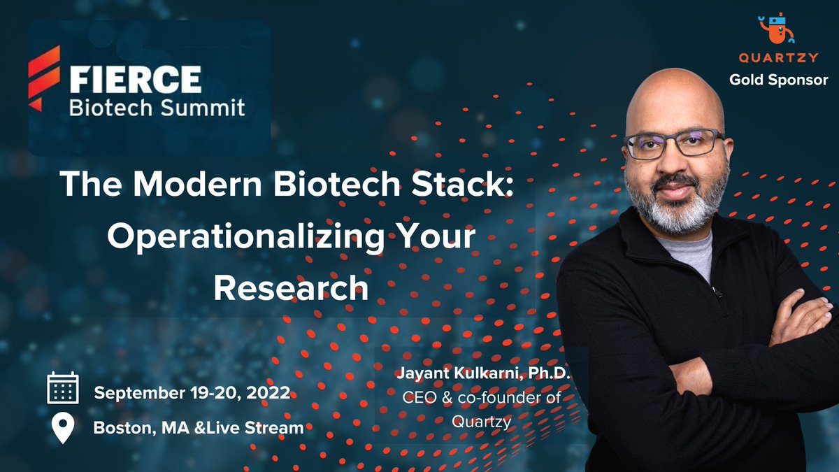 Jayant Kulkarni will moderate a panel @fiercebiotech and hear from #biotech leaders who are adopting new technologies to accelerate the pace of innovation &amp; establish a foundation to grow from a startup to scale-up.
Register:
hubs.ly/Q01lVF3y0
#FierceBiotechSummit  #quartzy