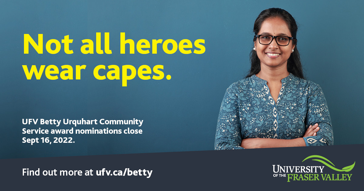 Submit your nominations for the Betty Urquhart Community Service award before Fri Sep 16 here: ow.ly/kL9g50Kgg07.

💚 Betty was one of  our first UFV employees &amp; we keep her memory alive by honouring a person exemplifying her commitment to life-long learning &amp; community.